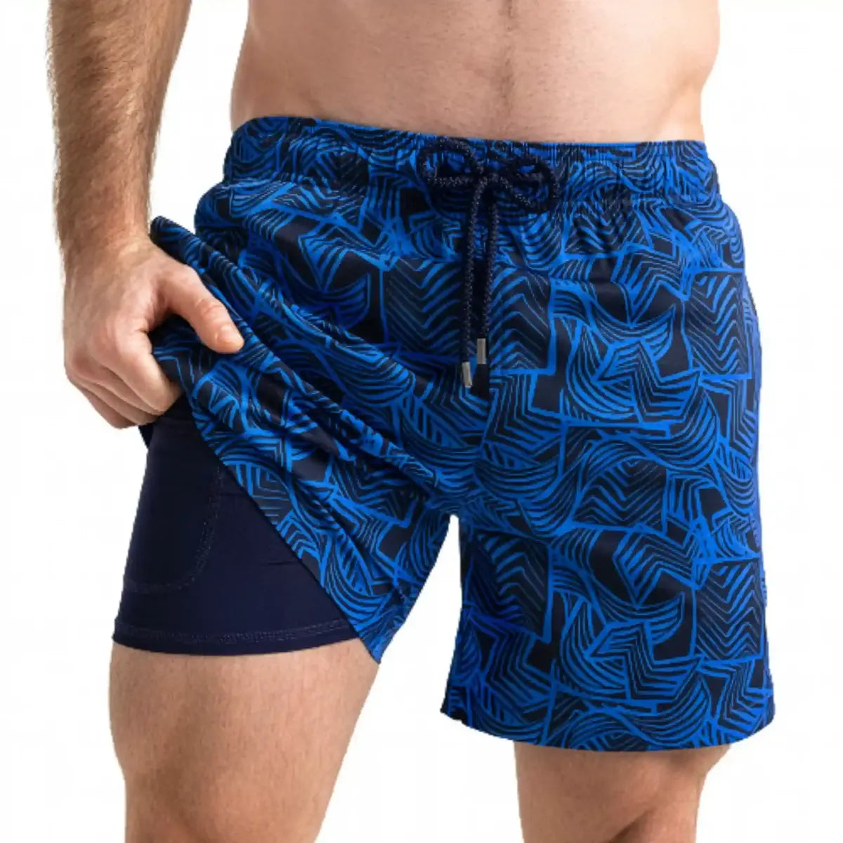 Enigma men's hybrid swim short, royal blue with a navy outlined leaf print, front view showing the navy compression liner