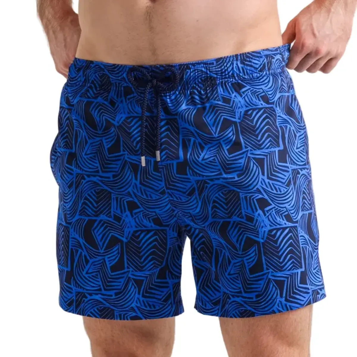 Enigma men's hybrid swim short in royal blue with a navy leaf outline print, front view, second angle