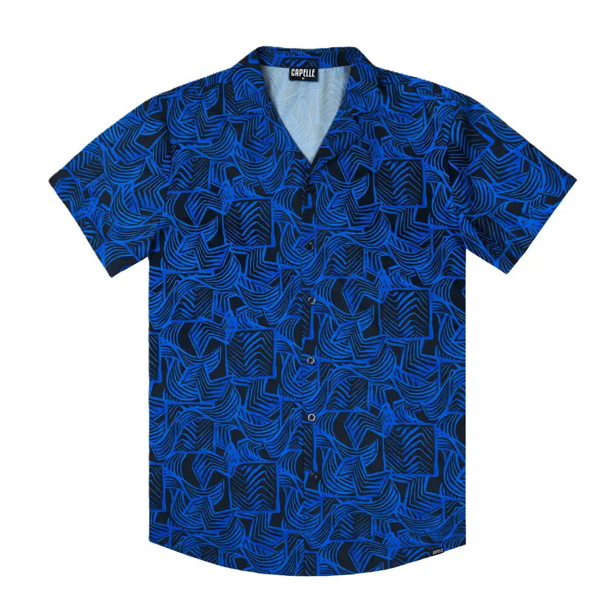 Enigma men's resort shirt, royal blue with a navy outlined leaf print, short sleeve camp collar button down, front view