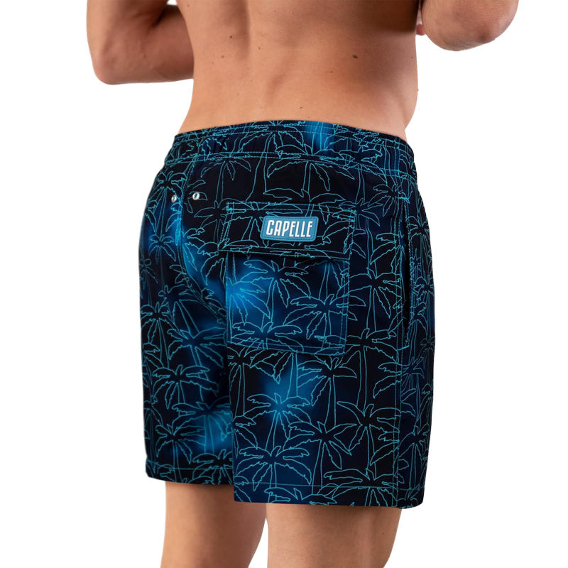 Foggy Palms men's hybrid swim short in navy with a turquoise palm print, back view
