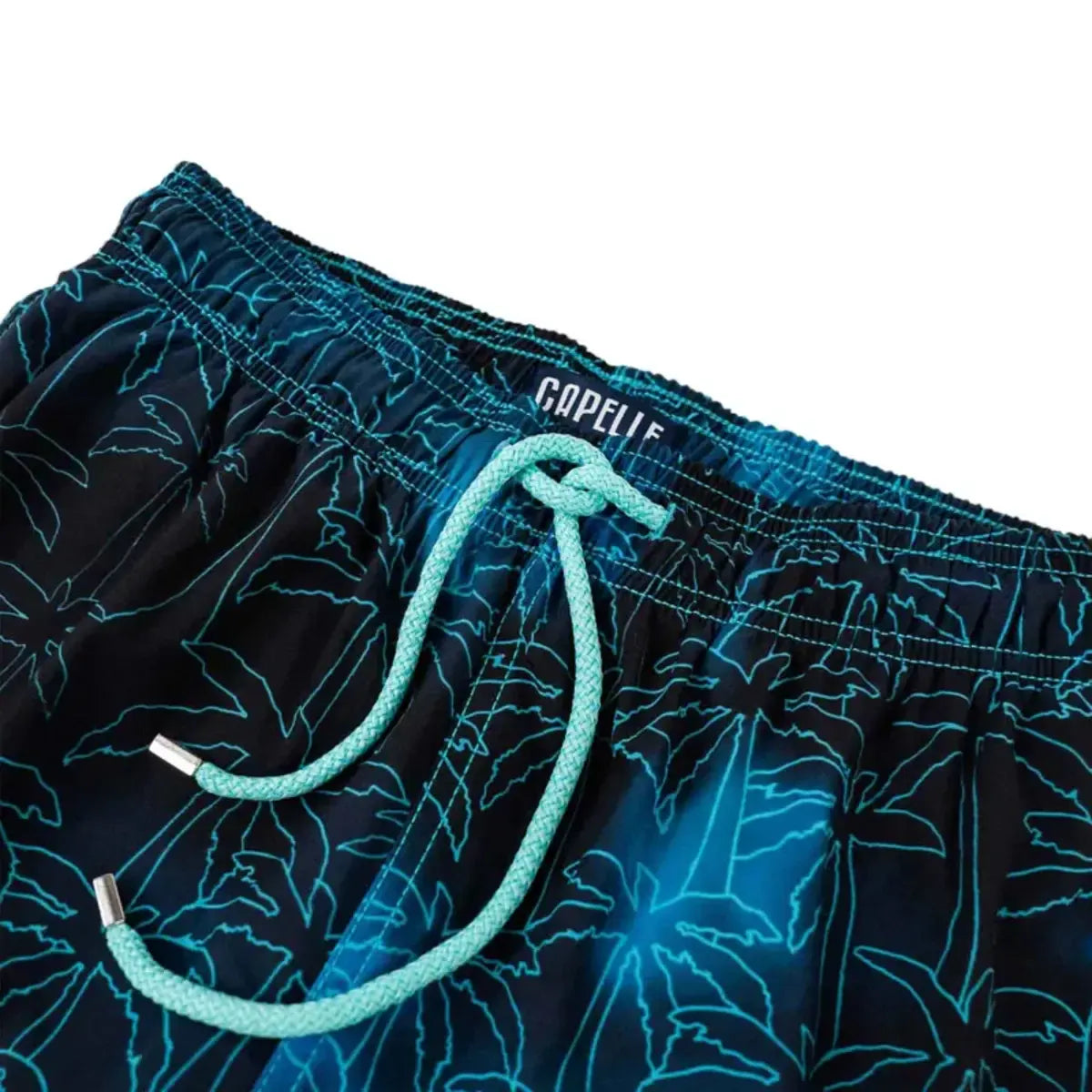 Close-up of the Foggy Palms quick-dry fabric, navy with a fine turquoise palm tree outline print