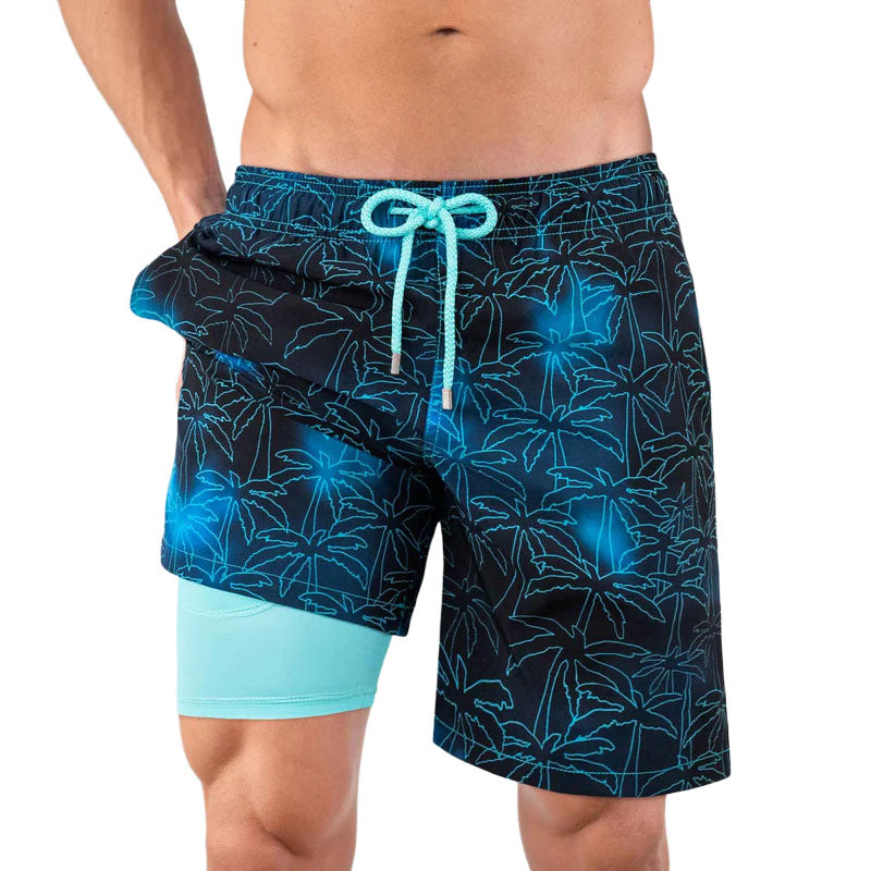 Foggy Palms men's hybrid swim short in the 9 inch Long, navy with a turquoise palm print, front view