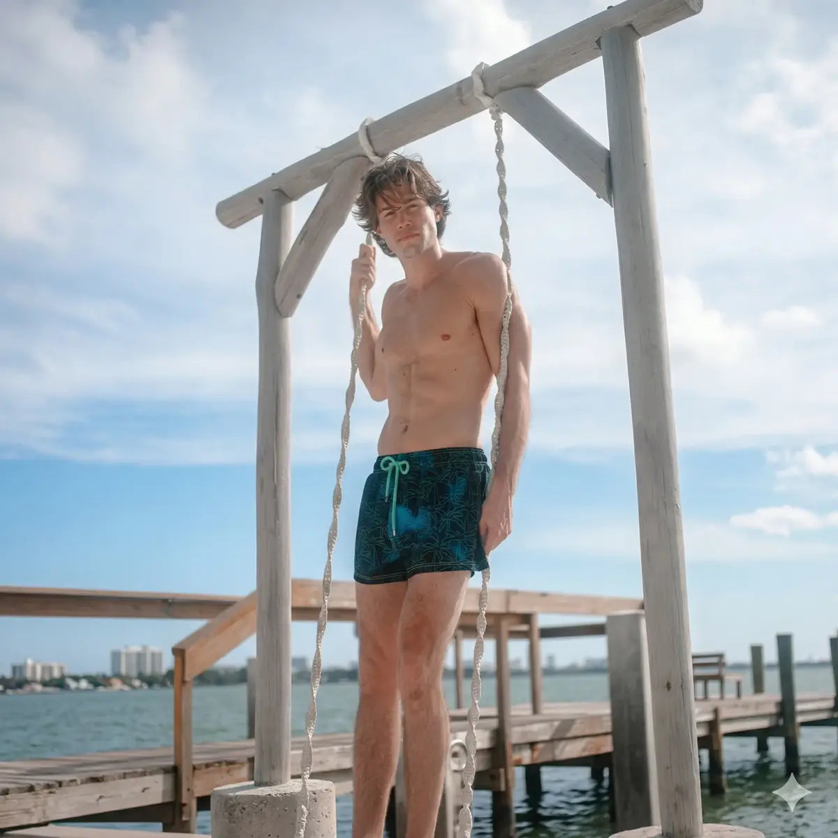 Man in Foggy Palms hybrid swim shorts in the 3 inch Short, navy with a turquoise palm print, on the beach