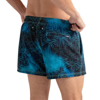 Foggy Palms men's hybrid swim short in the 3 inch Short, navy with a turquoise palm print, back view