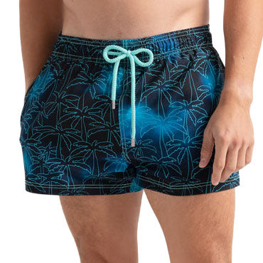 Foggy Palms men's hybrid swim short in the 3 inch Short, navy with a turquoise palm print, front view