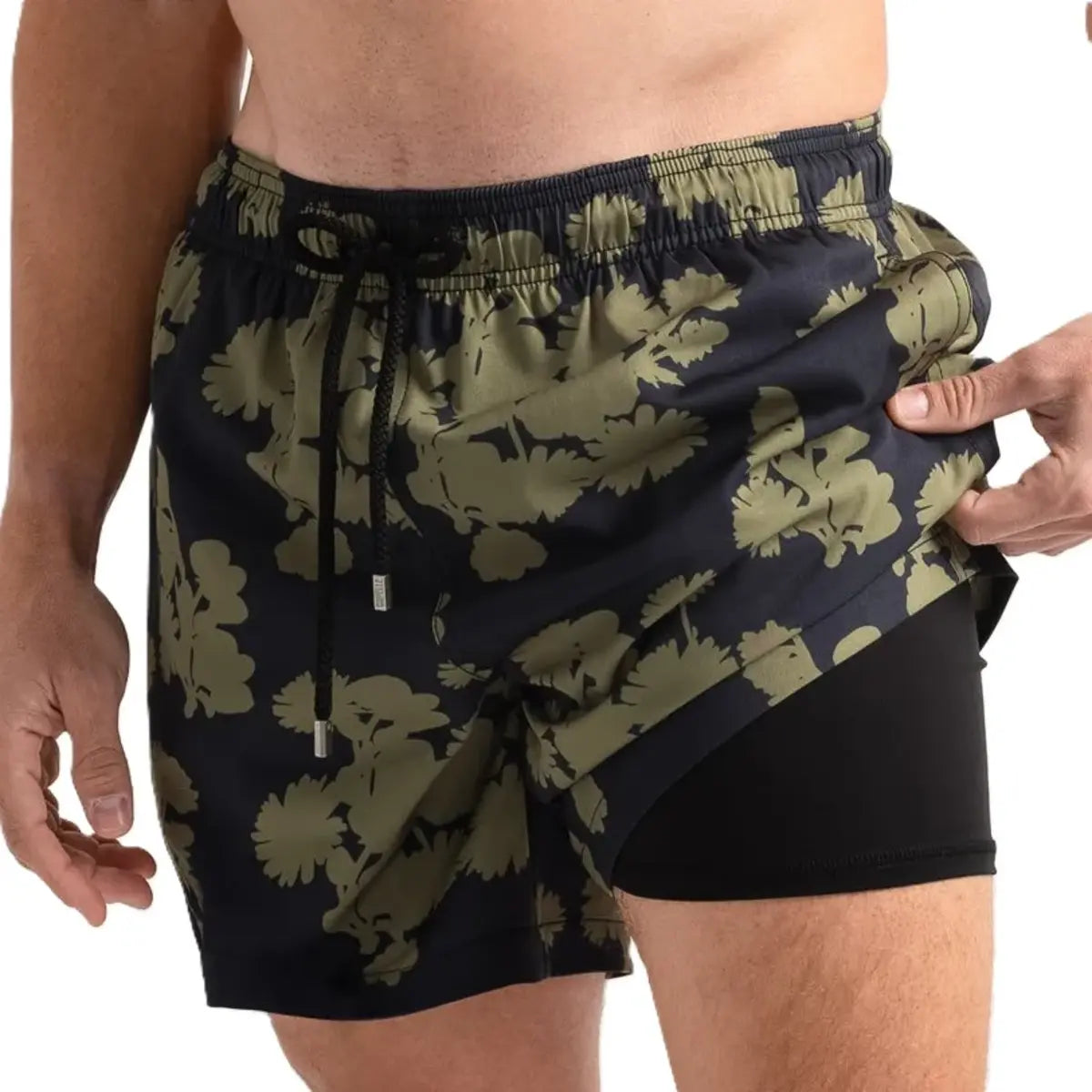 Foliage men's hybrid swim short, navy with an olive foliage print, front view showing the black compression liner