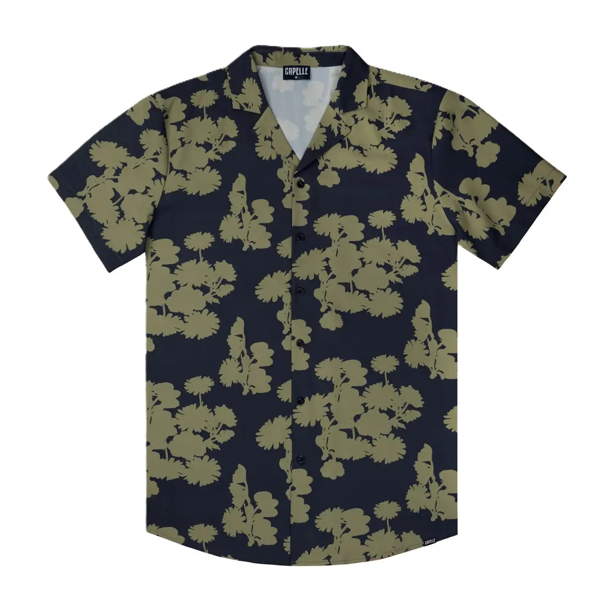 Foliage men's resort shirt, navy with an olive foliage print, short sleeve camp collar button down, front view