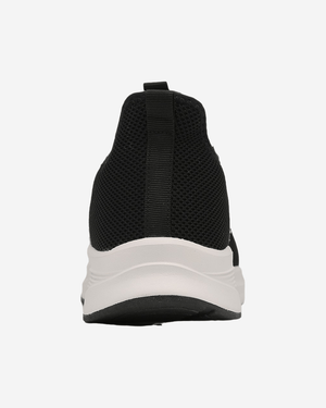 G West Crown men's athletic sneaker in black mesh, back view of the heel and white sole