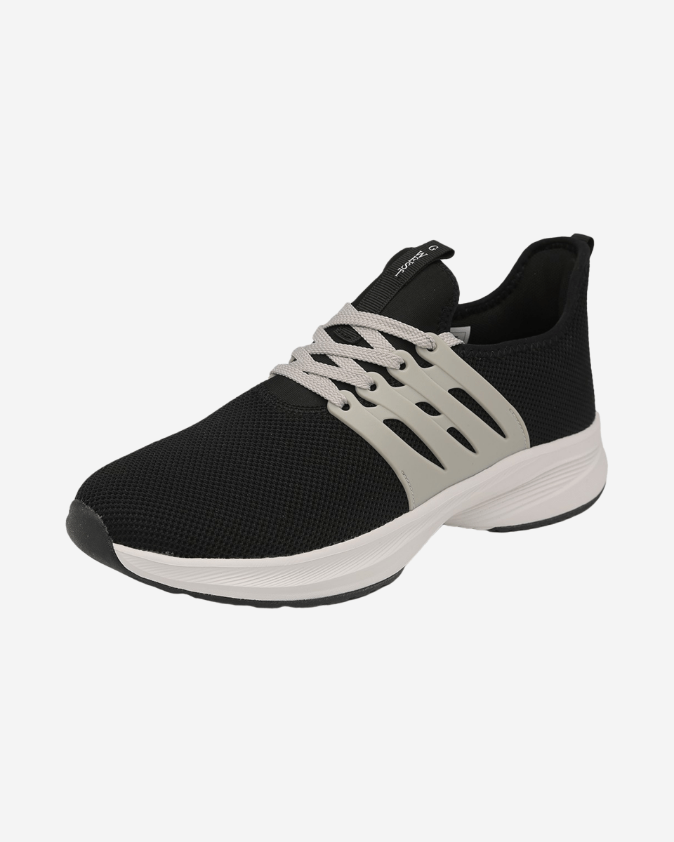 G West Crown men's athletic sneaker in black mesh with a gray lace overlay and white sole, side view