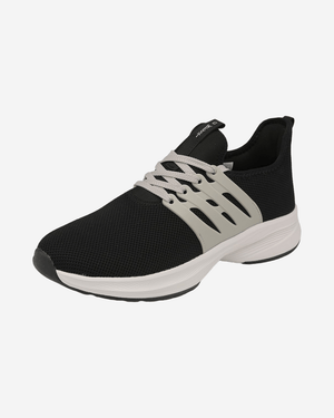 G West Crown men's athletic sneaker in black mesh with a gray lace overlay and white sole, side view