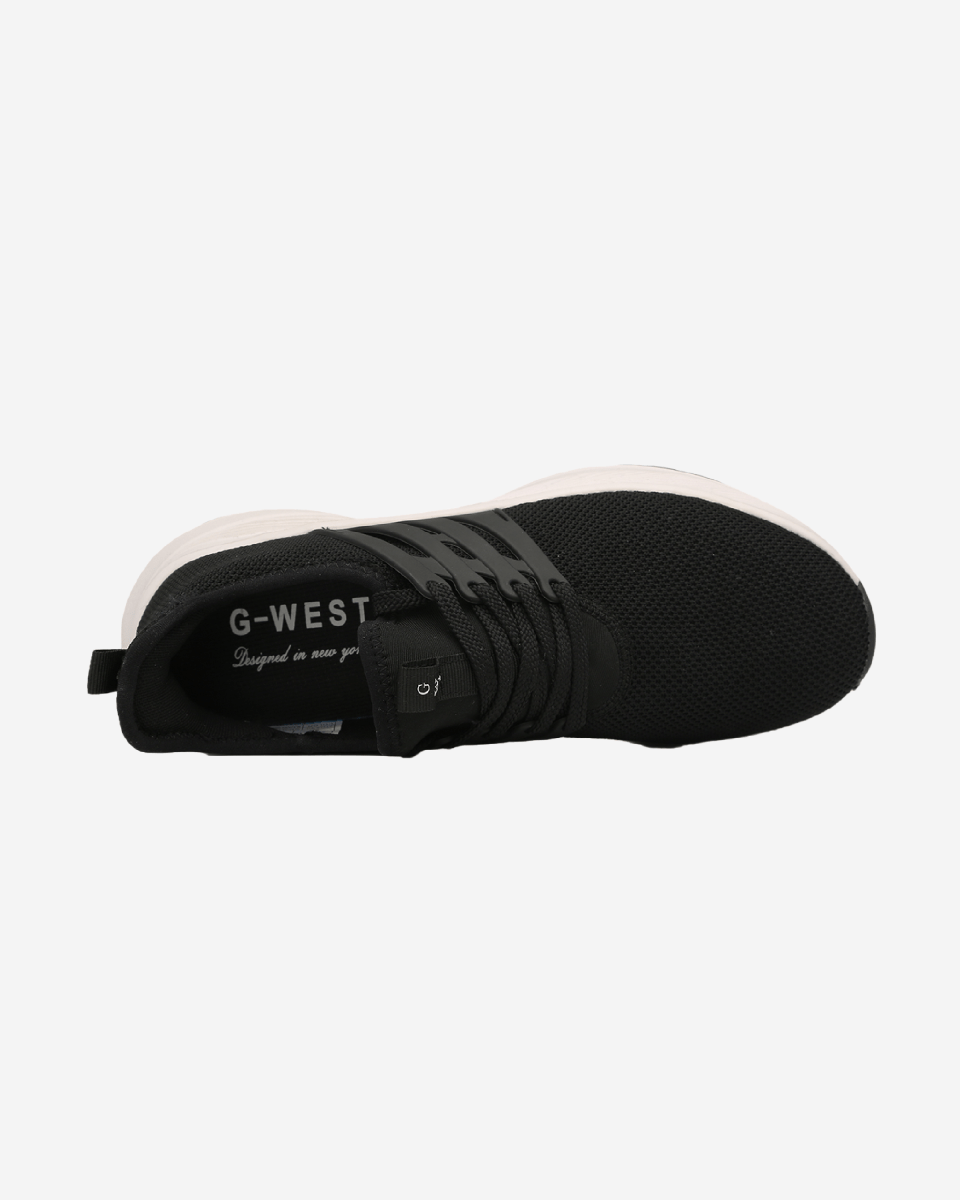 G West Crown men's athletic sneaker in black mesh with black laces, top view