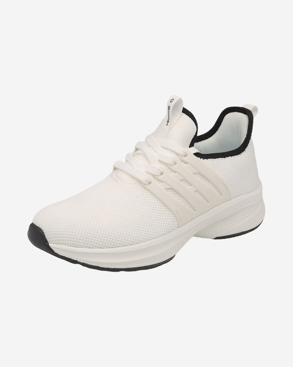 G West Crown men's athletic sneaker in white mesh with a black collar and sole edge, side view