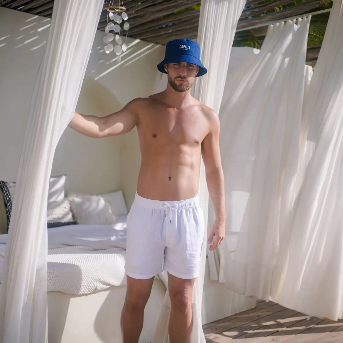 Glacier Mist men's linen short, worn on model