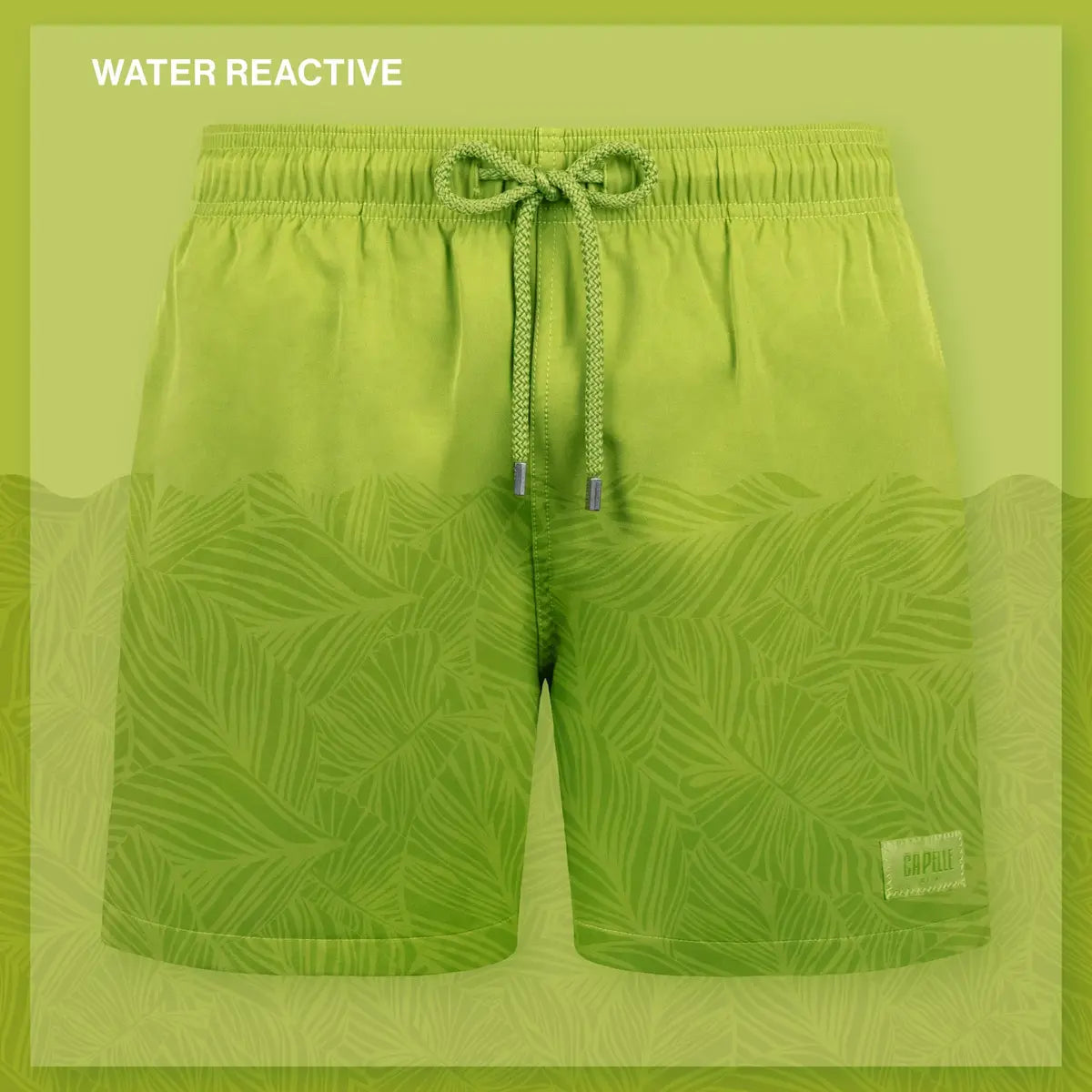 Magic Green Captive hybrid swim short shown wet, the hidden print appearing where the water hits