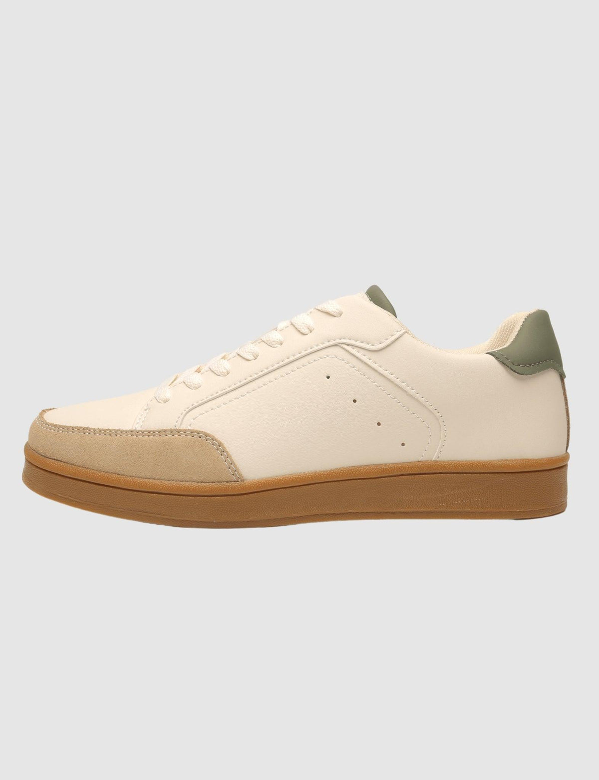 G West men's beige sneaker with a perforated toe and gum sole, inner side view