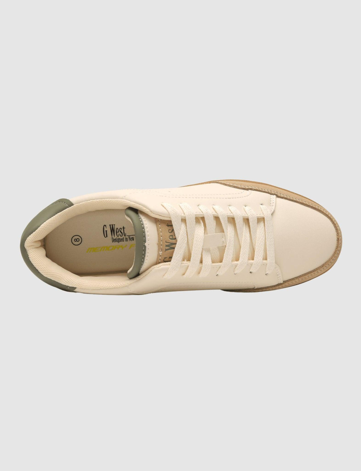 G West men's beige sneaker, top view showing the laces and padded collar