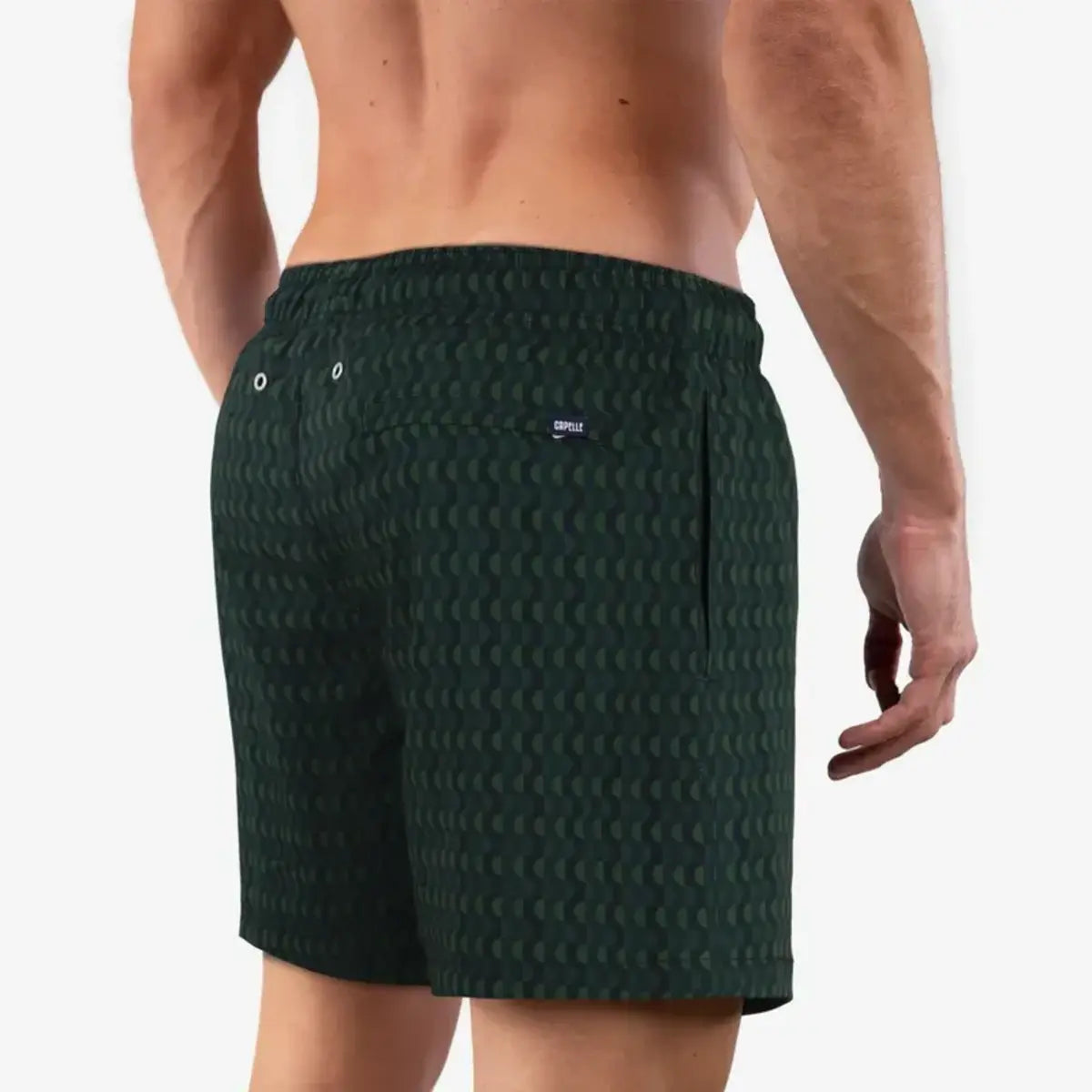 Ipanema men's hybrid swim short in dark green with a tonal scalloped print, back view