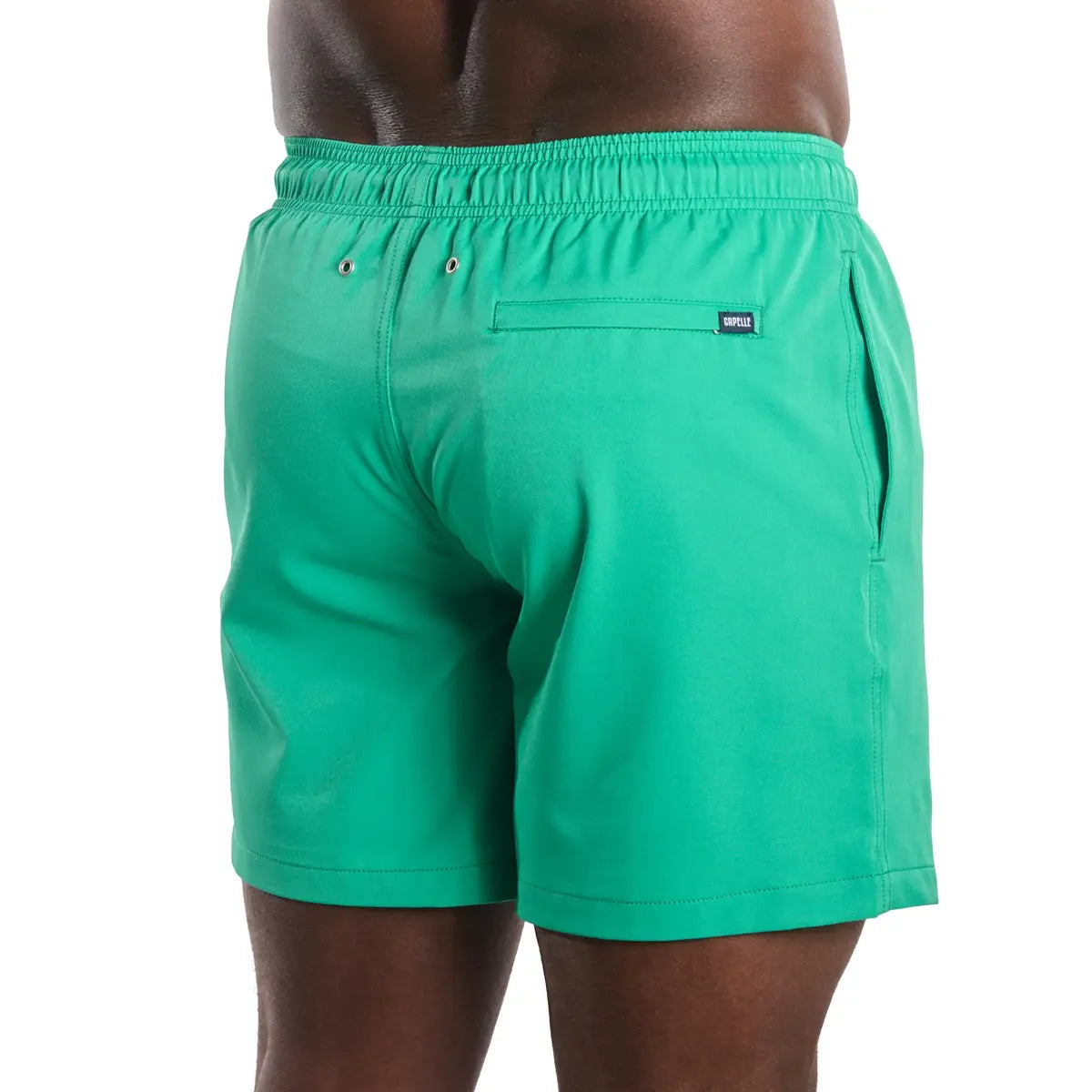 Island Green men's hybrid swim short in solid jade green, back view