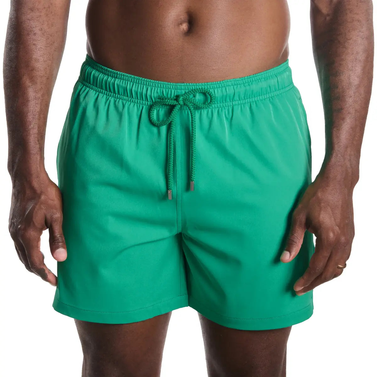 Island Green men's hybrid swim short in solid jade green, front view, second angle