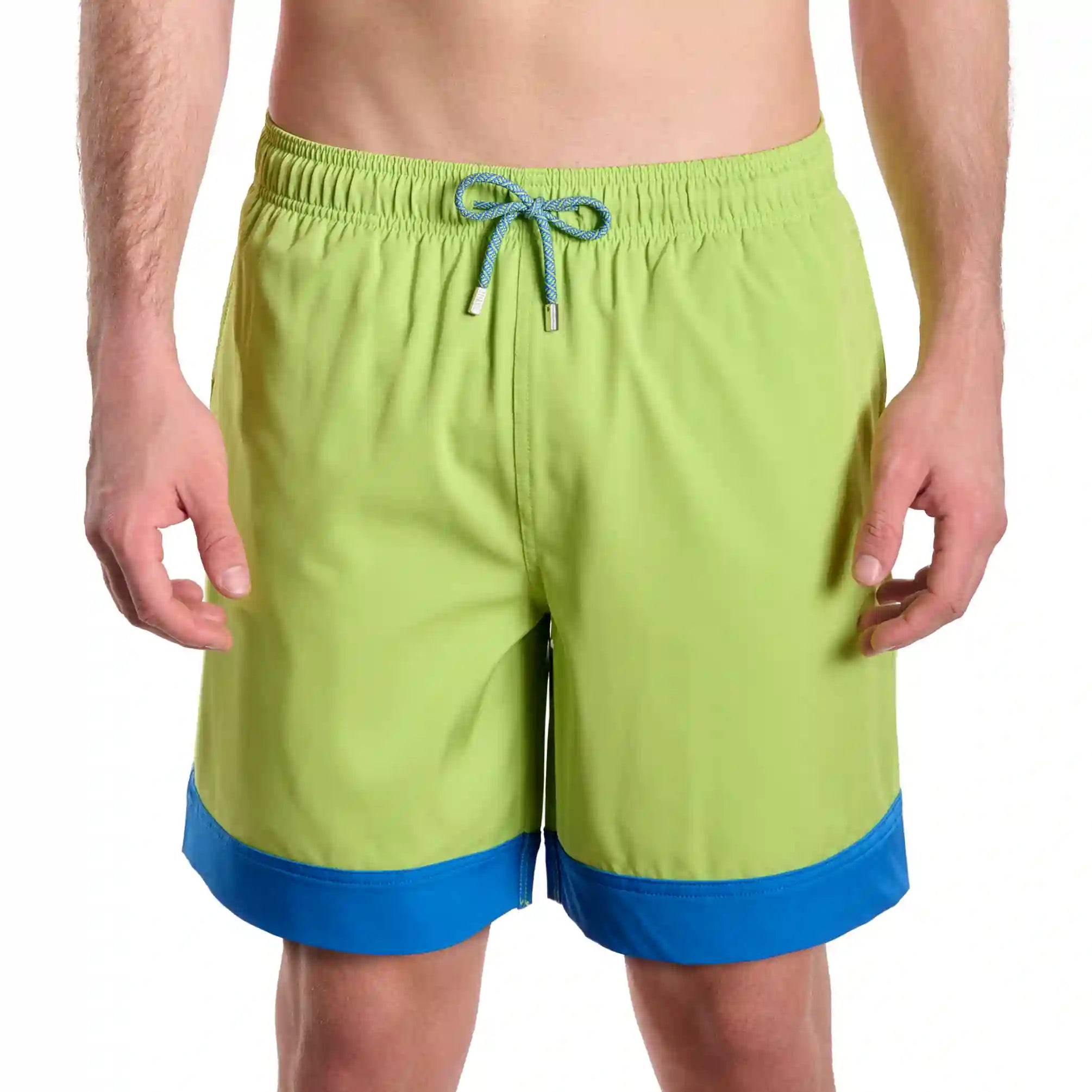 Key Lime men's hybrid swim short in the 9 inch Long, lime green with blue contrast trim, front view