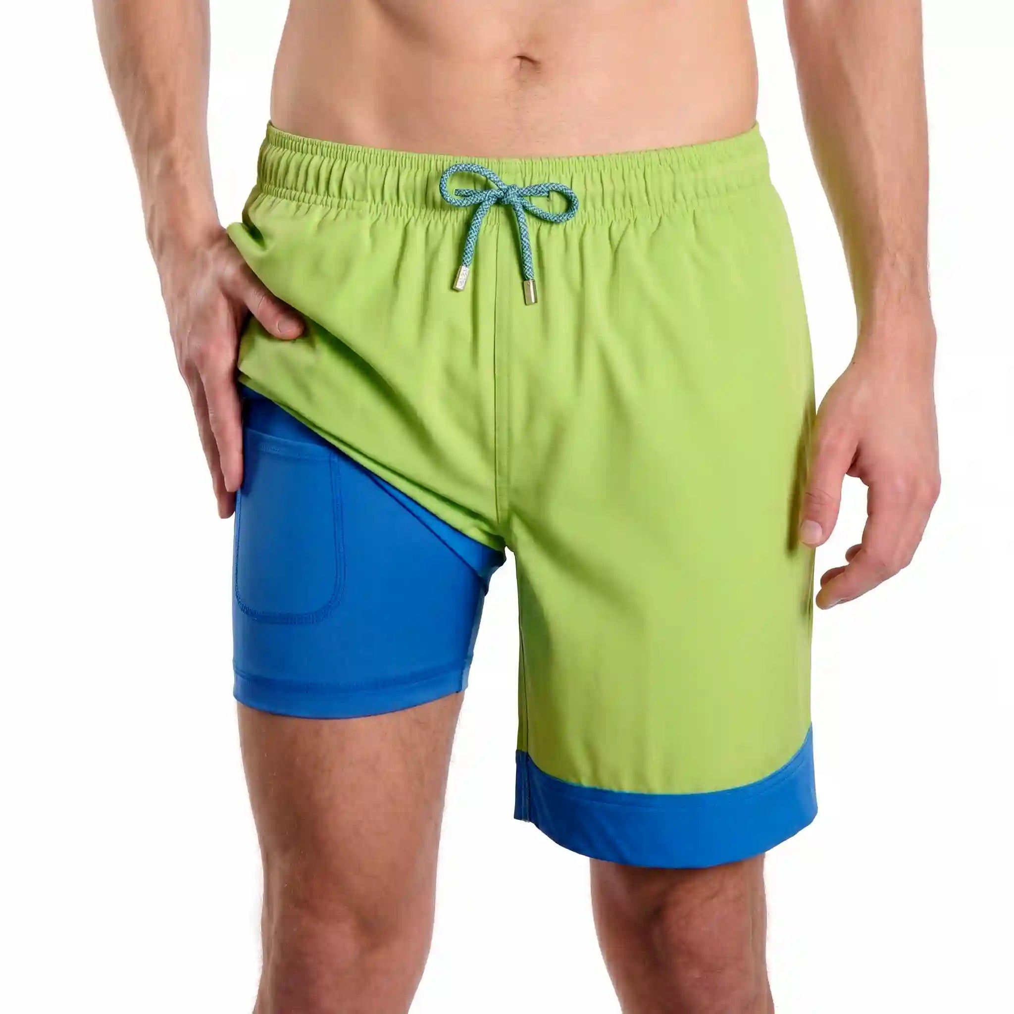 Key Lime hybrid swim short in the 9 inch Long, lime green with blue contrast trim, showing the built-in compression liner