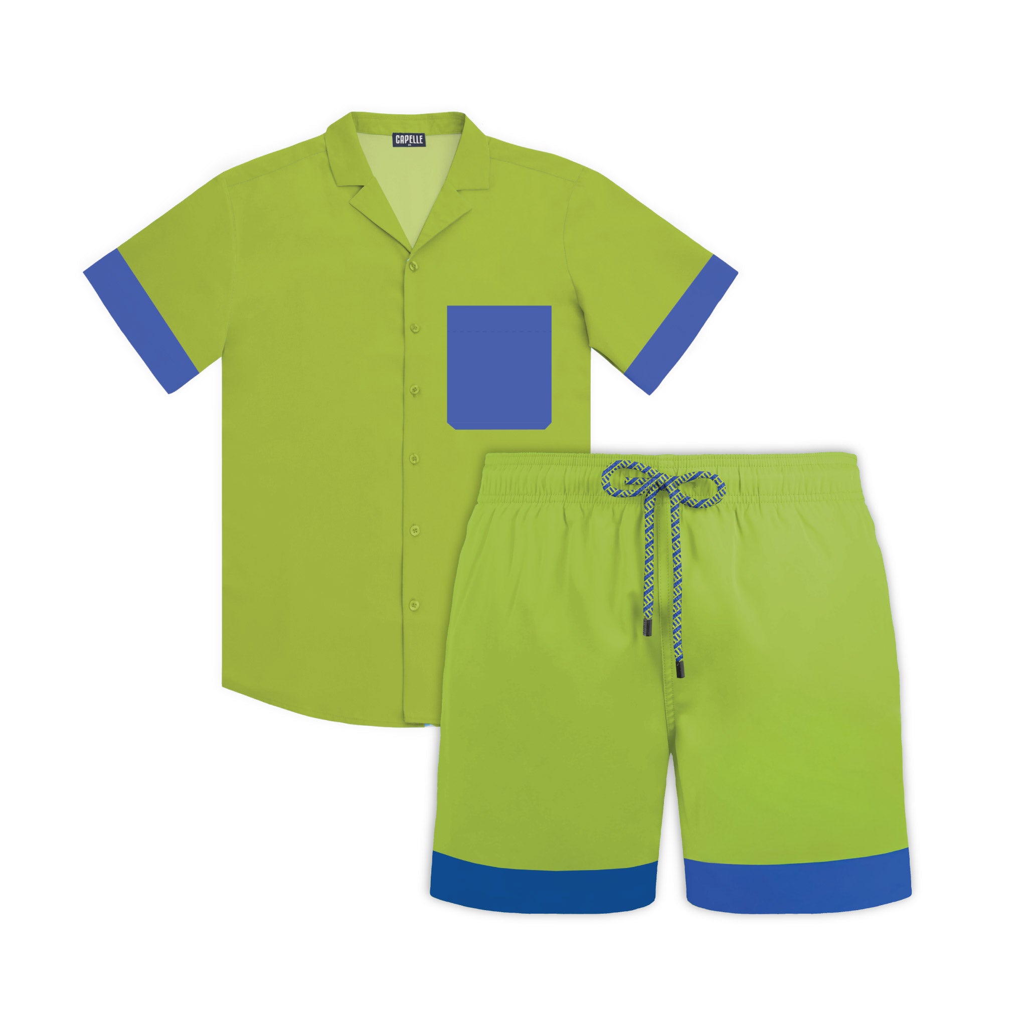 Key Lime matching resort set, lime shirt and matching hybrid swim short shown together