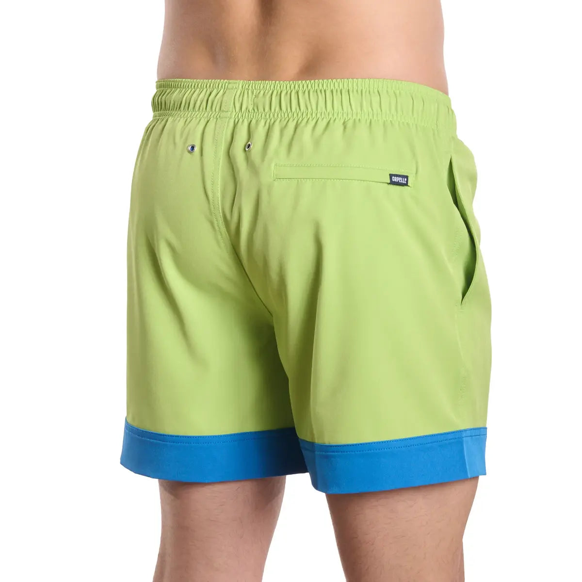 Key Lime men's hybrid swim short in solid lime green, back view