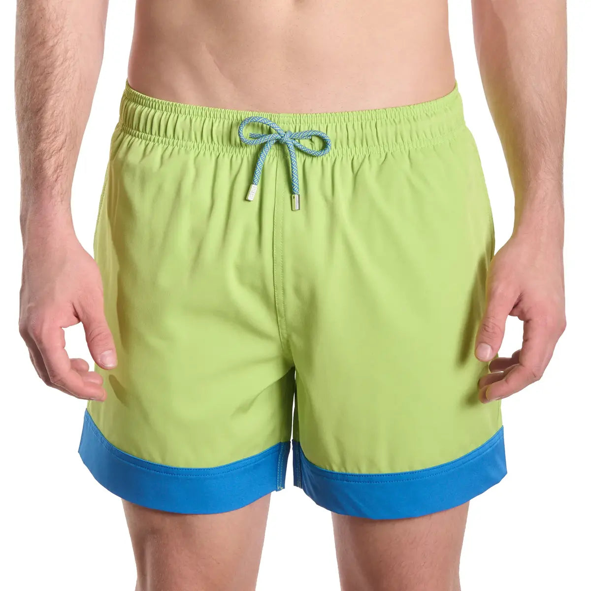 Key Lime men's hybrid swim short in solid lime green with blue contrast trim, front view, second angle