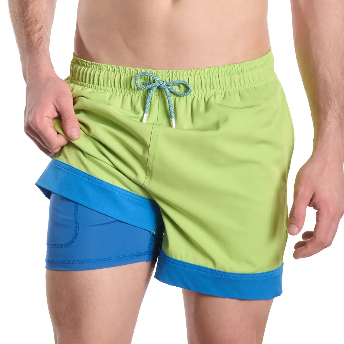 Key Lime men's hybrid swim short in solid lime green with a blue contrast liner and hem, front view