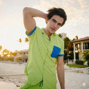 Man in a Key Lime resort shirt in lime green with contrast blue trim