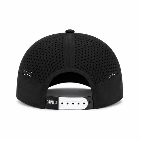Black Onyx Laser Luxe snapback, back, black and white snapback strap