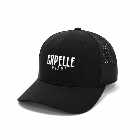 Black Onyx Laser Luxe snapback, front, raised 3D embroidered logo in white