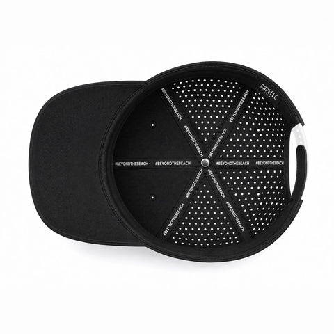Black Onyx Laser Luxe snapback, underside, perforated crown and interior taping