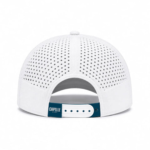 Arctic White Laser Luxe snapback, back, Arctic Blue snapback strap