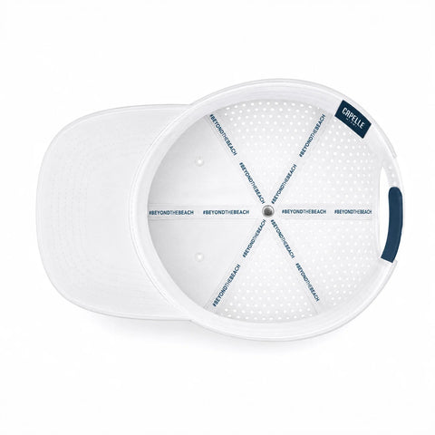 Arctic White Laser Luxe snapback, underside, perforated crown and interior taping