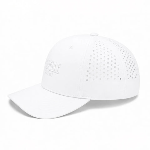 Arctic White Laser Luxe snapback, side, laser perforated airflow panels