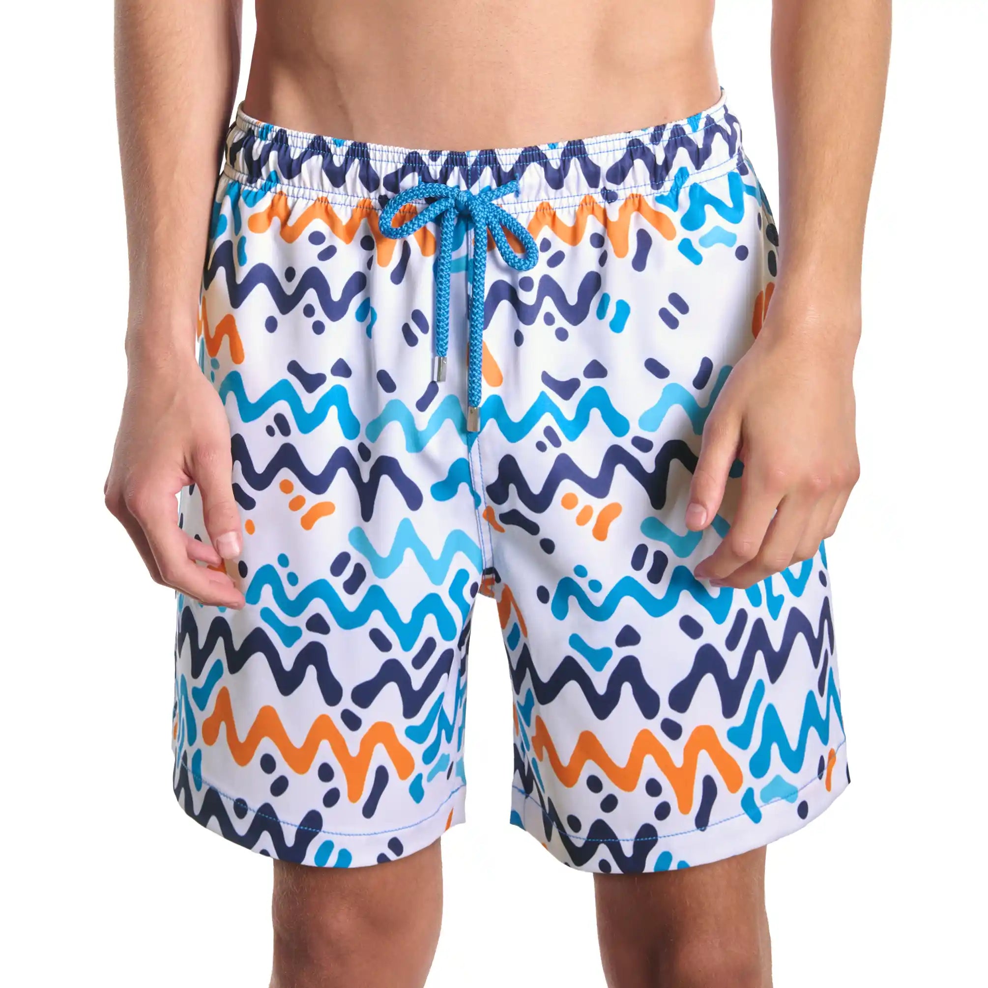 Line Rush, Ocean and Sol men's hybrid swim short in the 9 inch Long, navy, aqua and coral zigzag print, front view