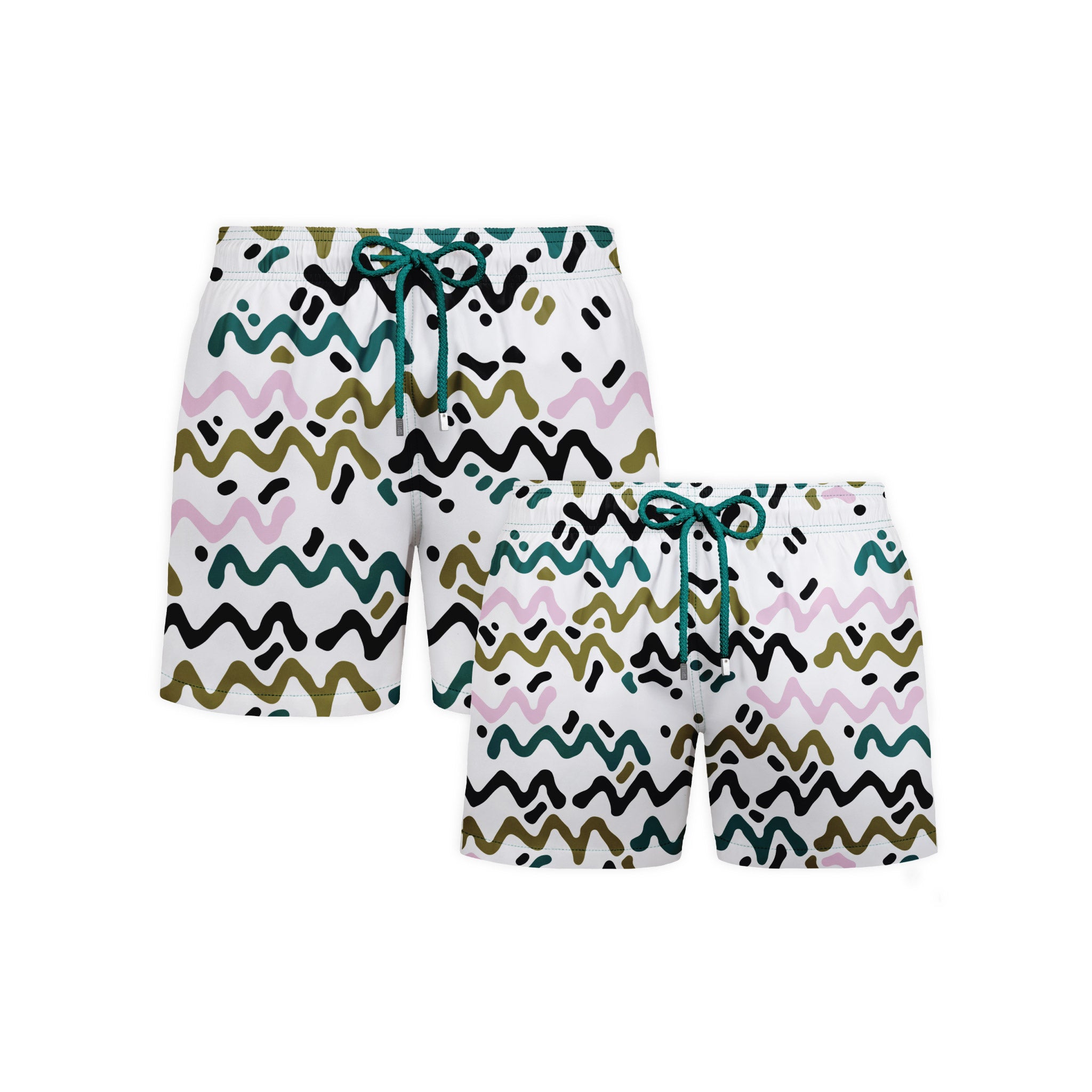 Line Rush, Orchid and Kelp dad and son matching set, men's and boys hybrid swim shorts in the same print