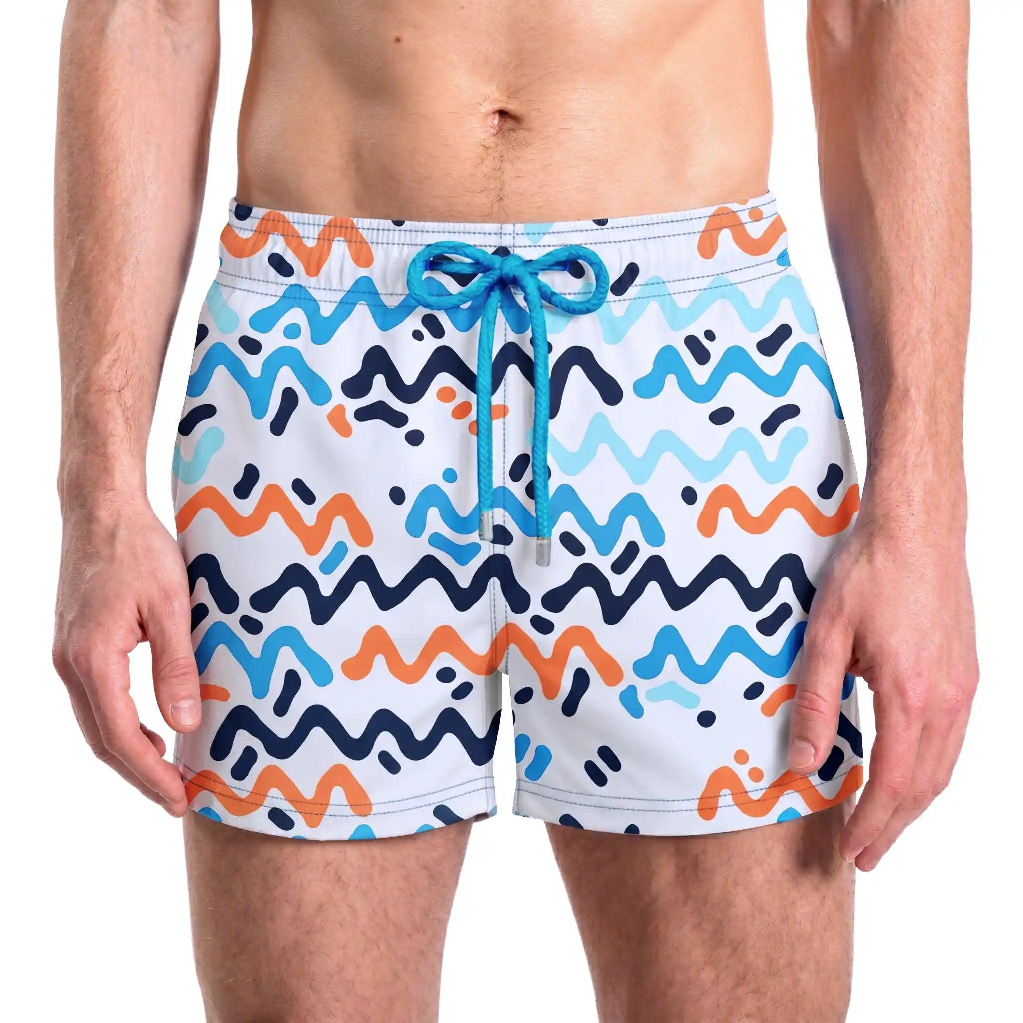 Line Rush, Ocean and Sol men's hybrid swim short in the 3 inch Short, navy, aqua and coral zigzag print, front view