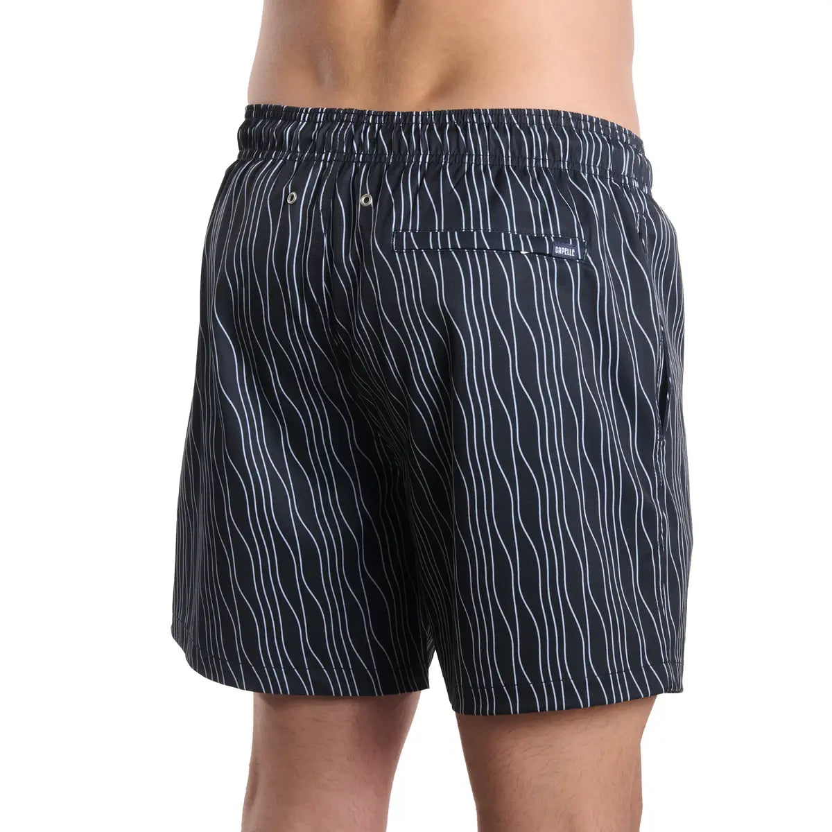 Linear Drift, Storm and Fog men's hybrid swim short in charcoal with a white wave stripe, back view
