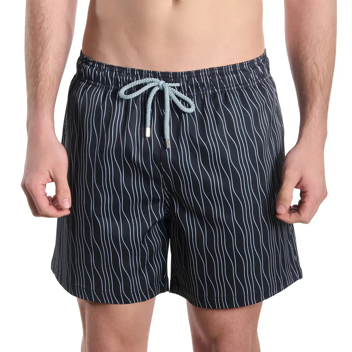Linear Drift, Storm and Fog men's hybrid swim short in charcoal with a white wave stripe, front view, second angle