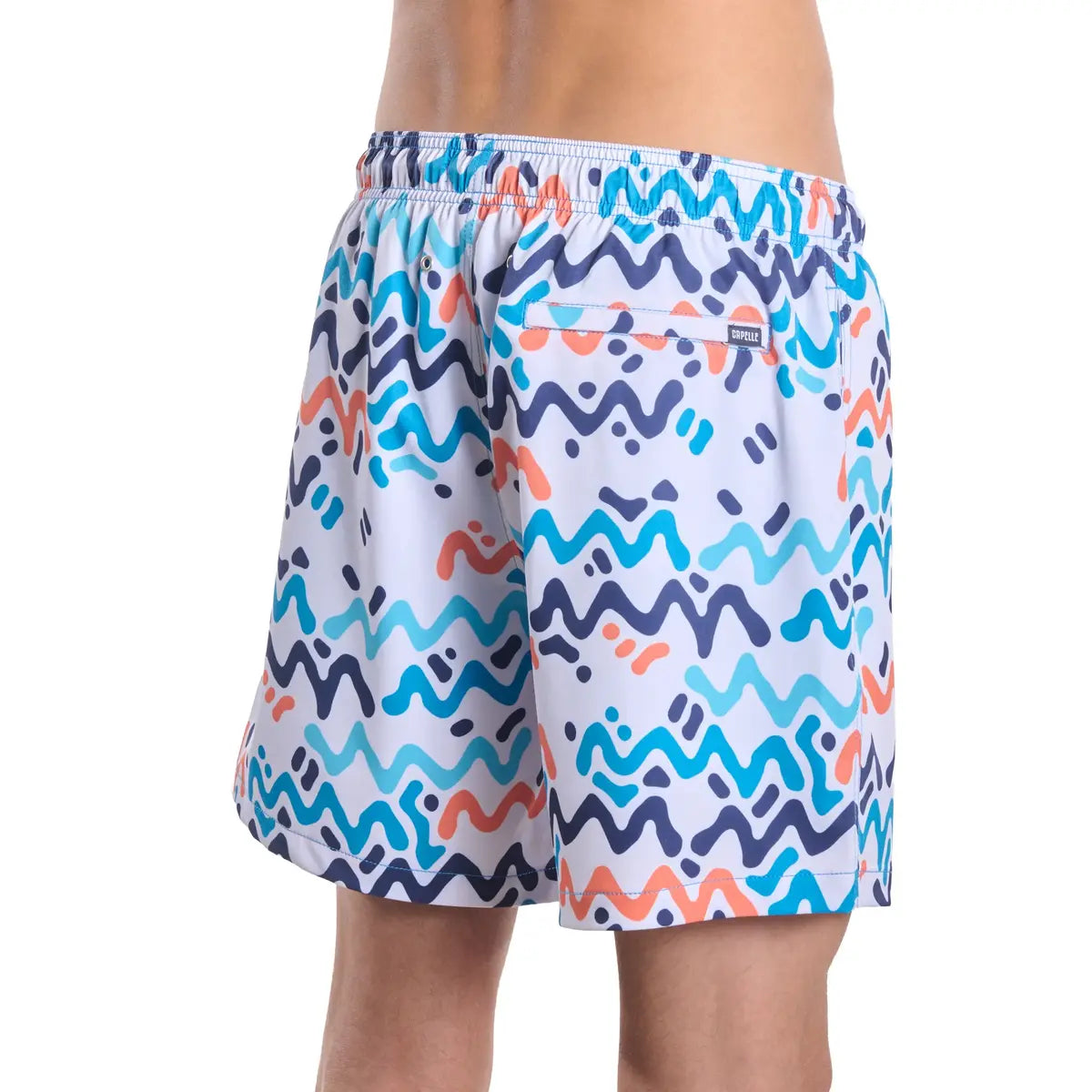 Line Rush, Ocean and Sol men's hybrid swim short in a white, navy, aqua and coral zigzag print, back view