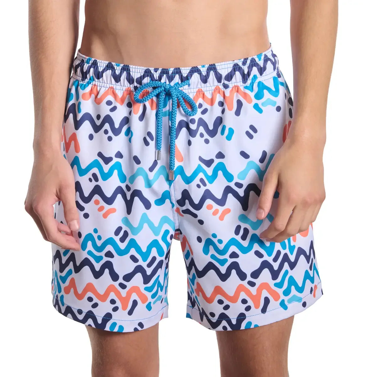 Line Rush, Ocean and Sol men's hybrid swim short in a white, navy, aqua and coral zigzag print, front view, second angle