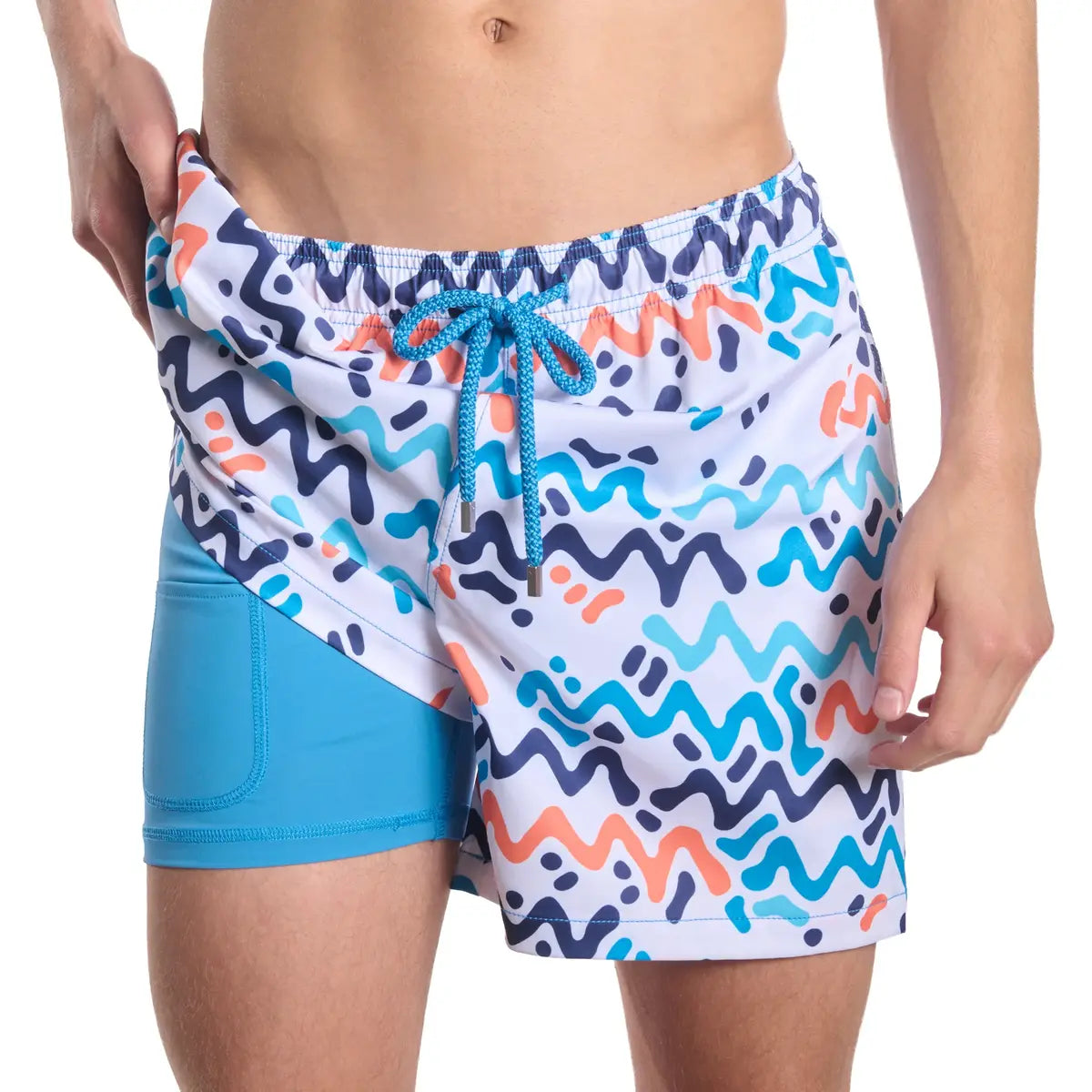 Line Rush, Ocean and Sol men's hybrid swim short, white with a navy, aqua and coral zigzag print and aqua drawstring, front view showing the aqua compression liner