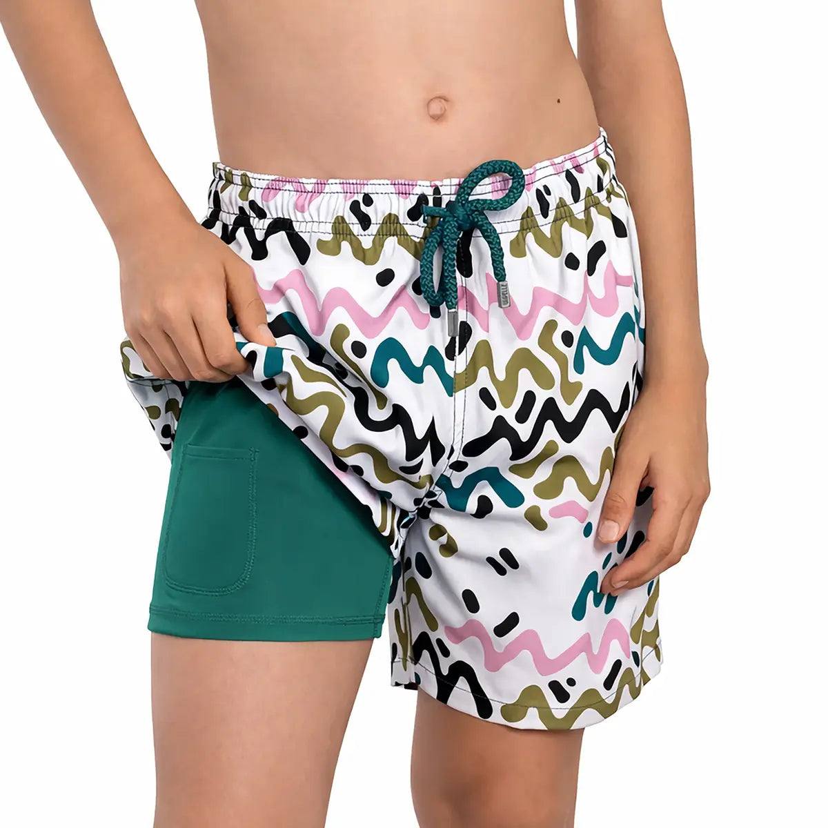 Line Rush, Orchid and Kelp boys hybrid short, front view