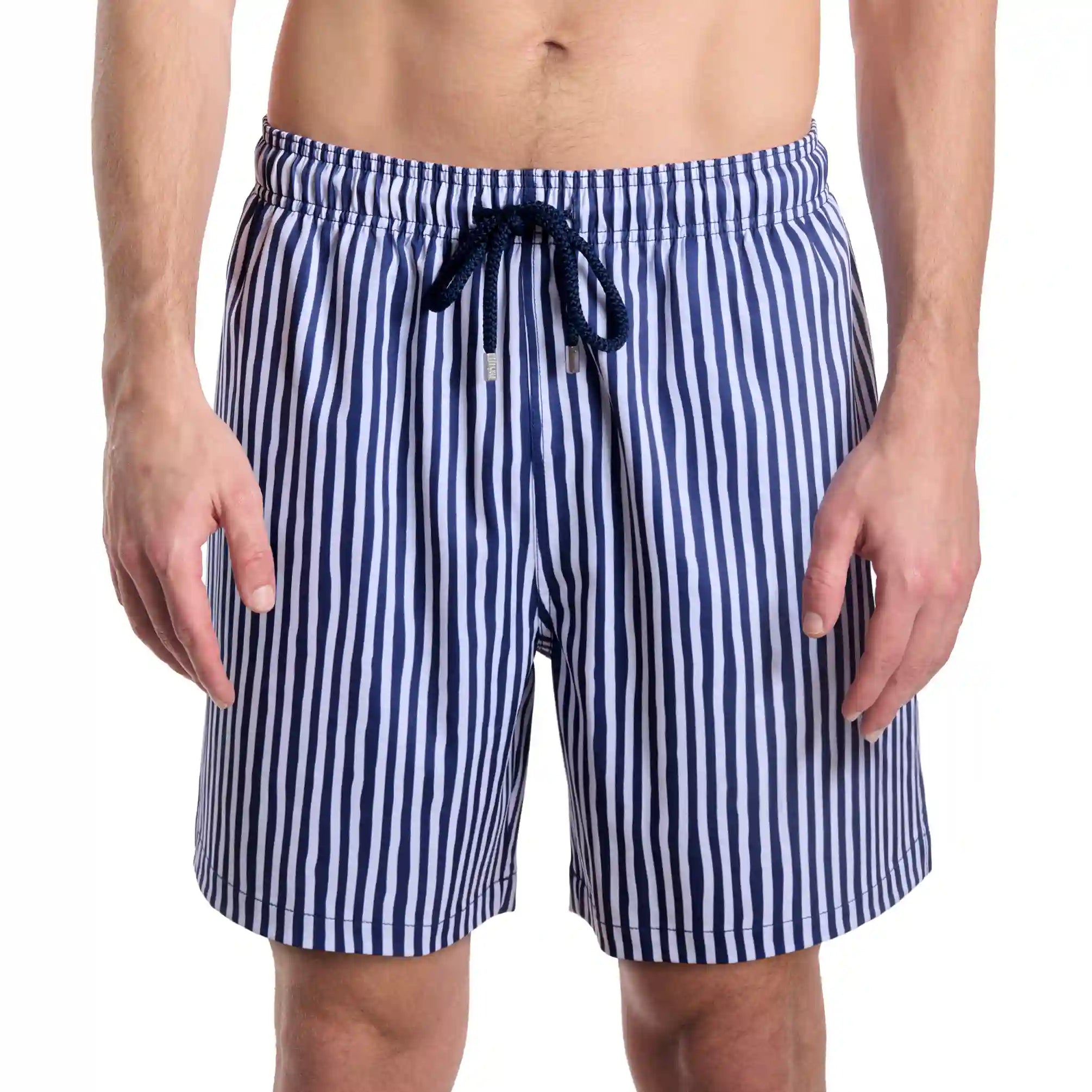 Marina Pinstripe, Indigo and Surf men's hybrid swim short in the 9 inch Long, navy and white pinstripe, front view