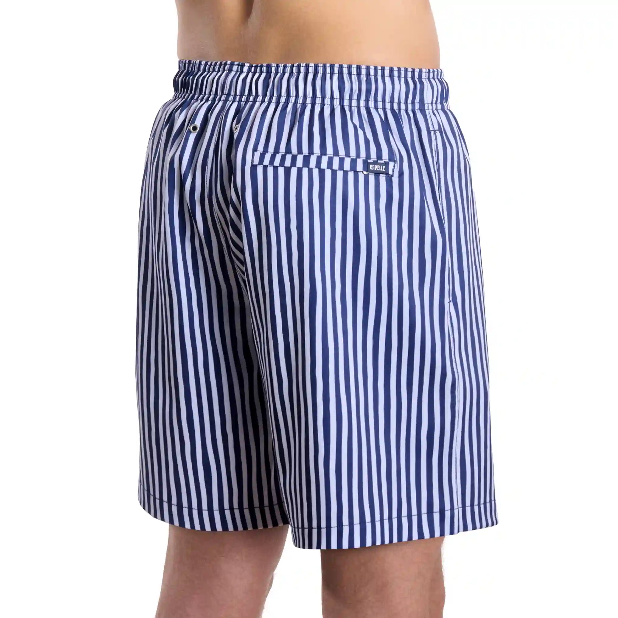 Marina Pinstripe, Indigo and Surf men's hybrid swim short in the 9 inch Long, navy and white pinstripe, back view