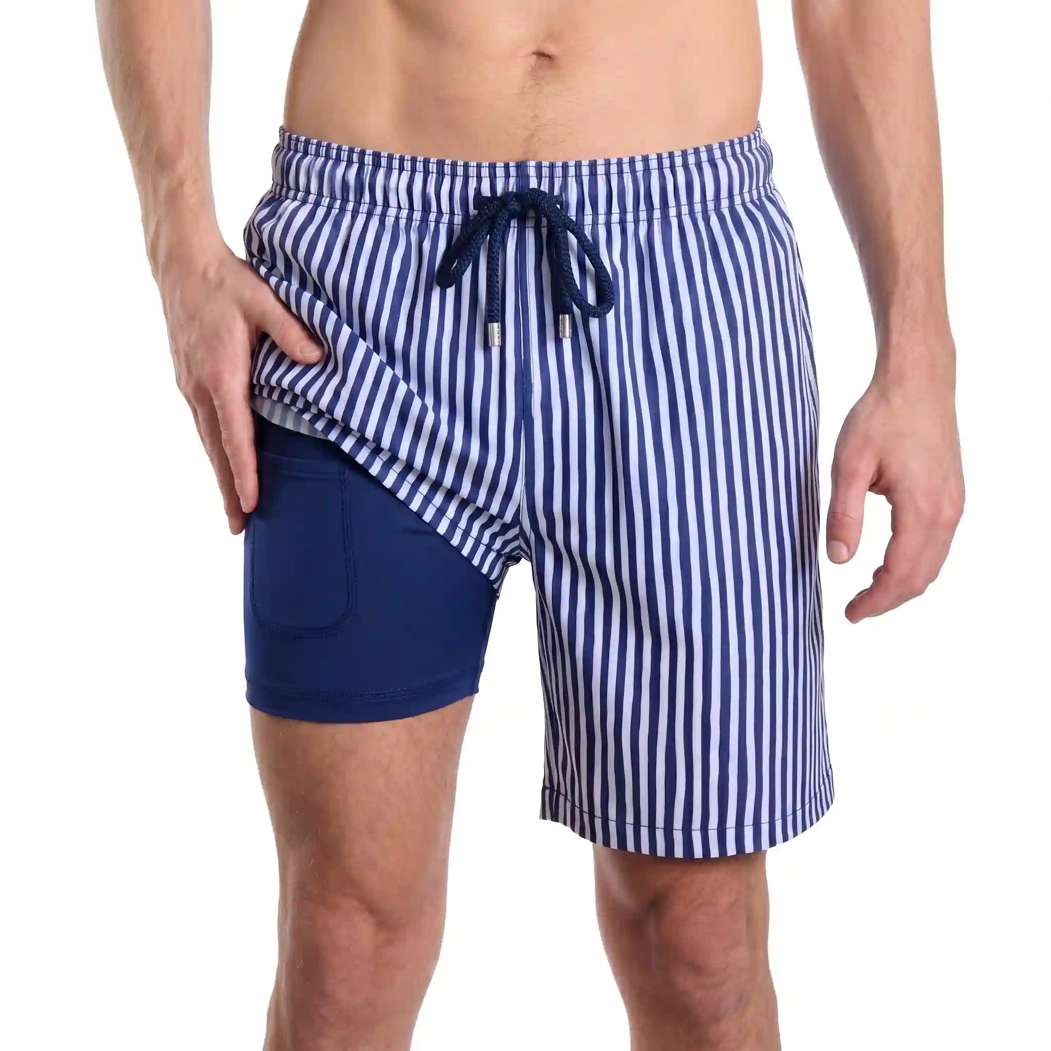 Marina Pinstripe, Indigo and Surf hybrid swim short in the 9 inch Long, navy and white pinstripe, showing the built-in compression liner