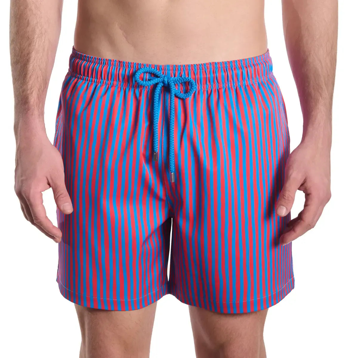 Marina Pinstripe, Blaze and Tide men's hybrid swim short in a purple and coral pinstripe, front view, second angle