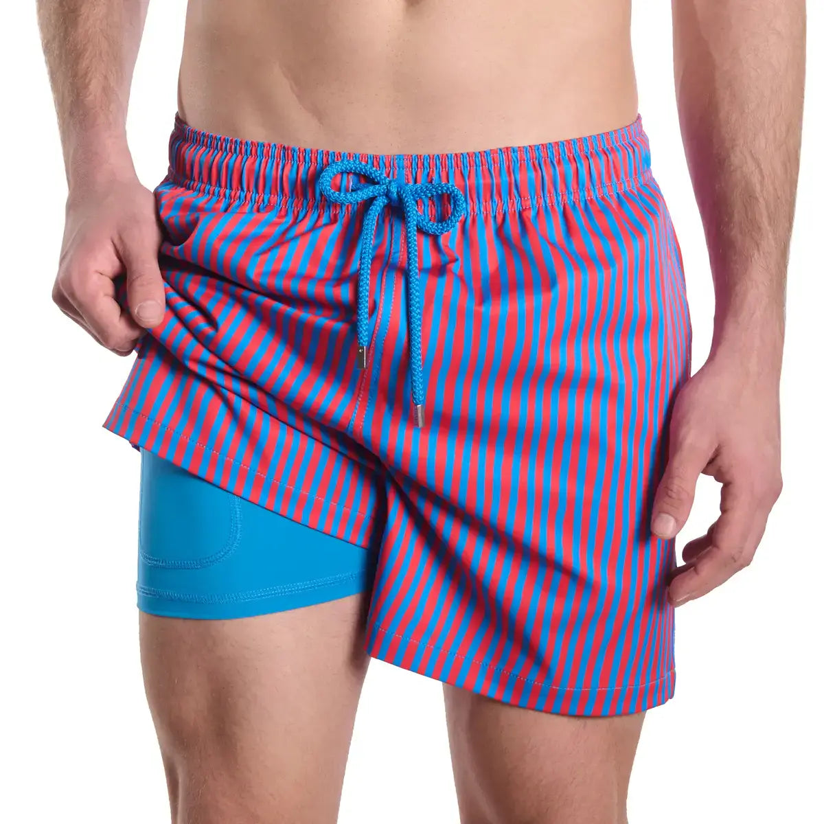 Marina Pinstripe, Blaze and Tide men's hybrid swim short, purple and coral vertical pinstripe, front view showing the aqua compression liner